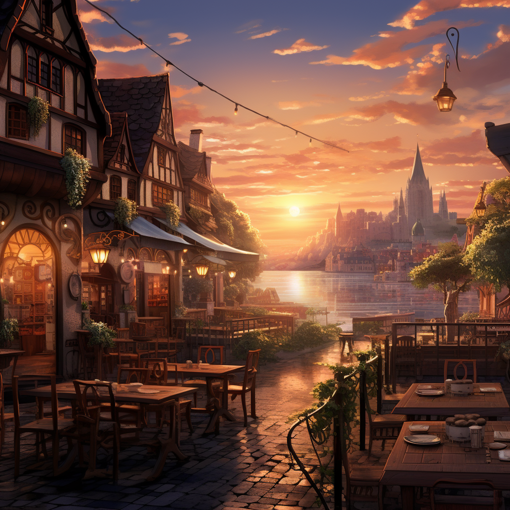 fantasy town with a sunset, dinner next to the water